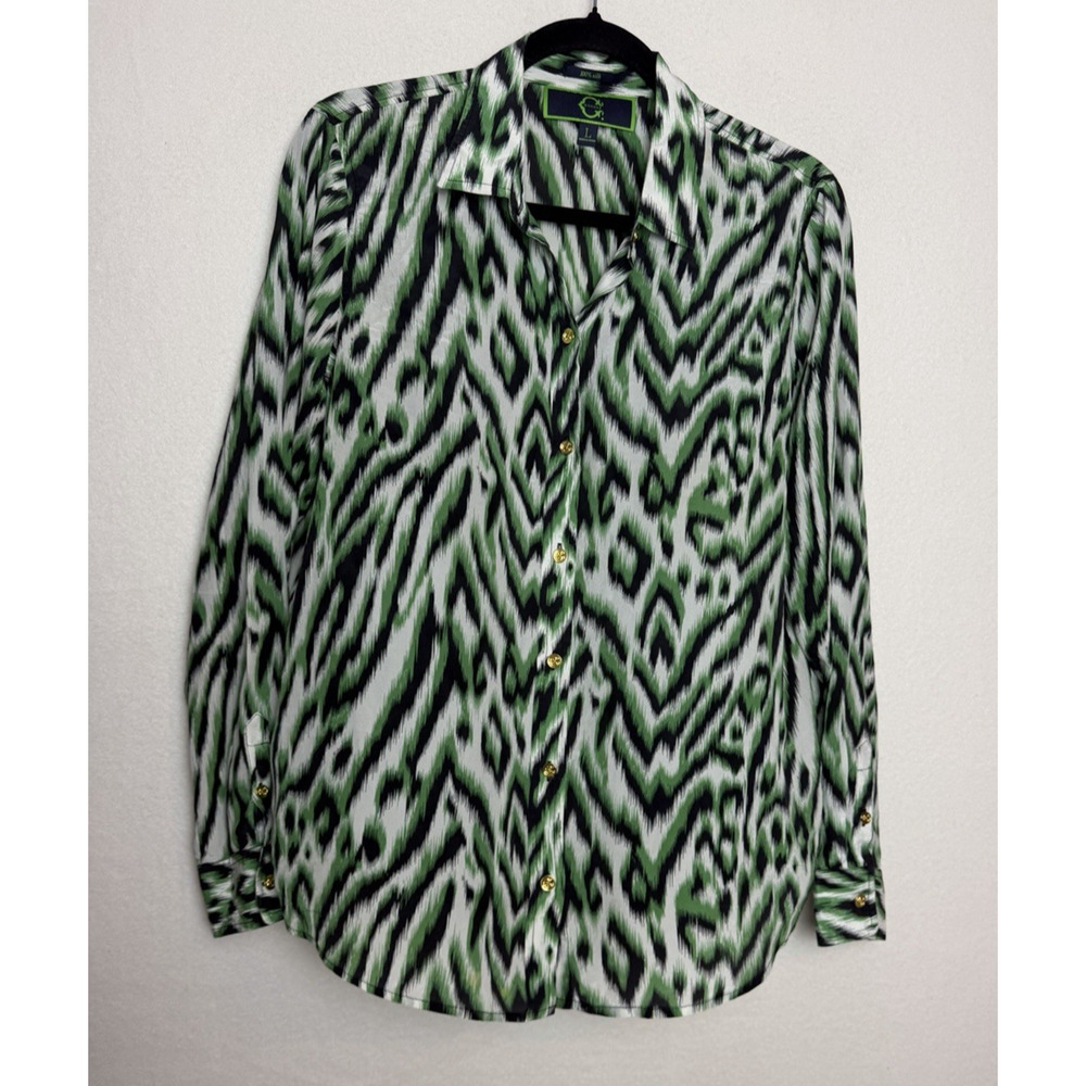 C. Wonder Womens Silk Long Sleeve Button Up Blouse Green White Black Ikat Size L